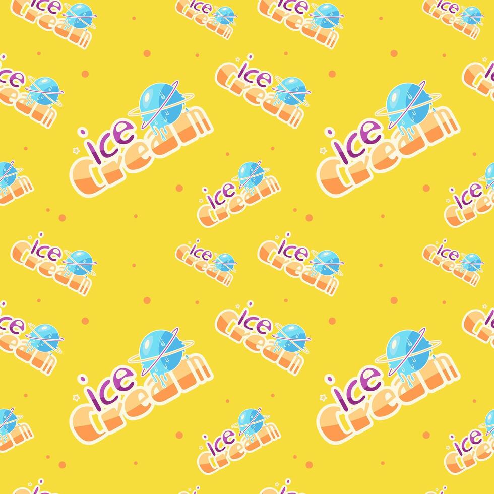 Ice cream text logo seamless yellow pattern banner branding in cosmic cartoon style vector