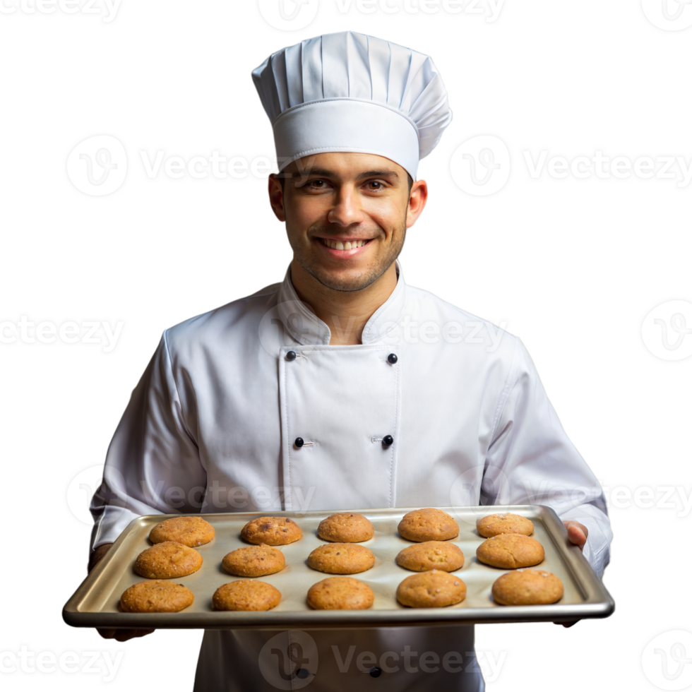 Smiling chef holding tray of freshly baked cookies png