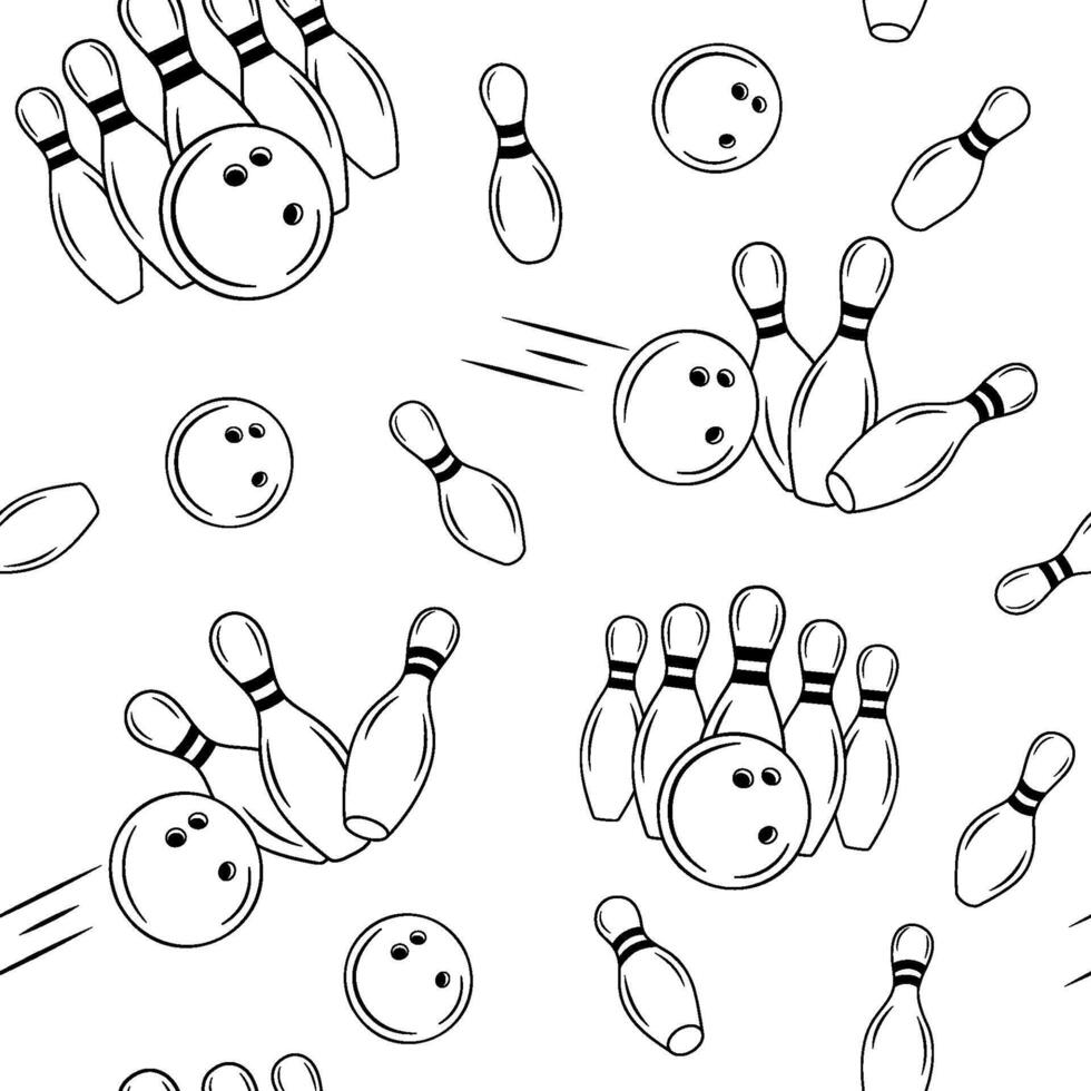 Seamless line monochrome pattern with bowling pins and ball. vector