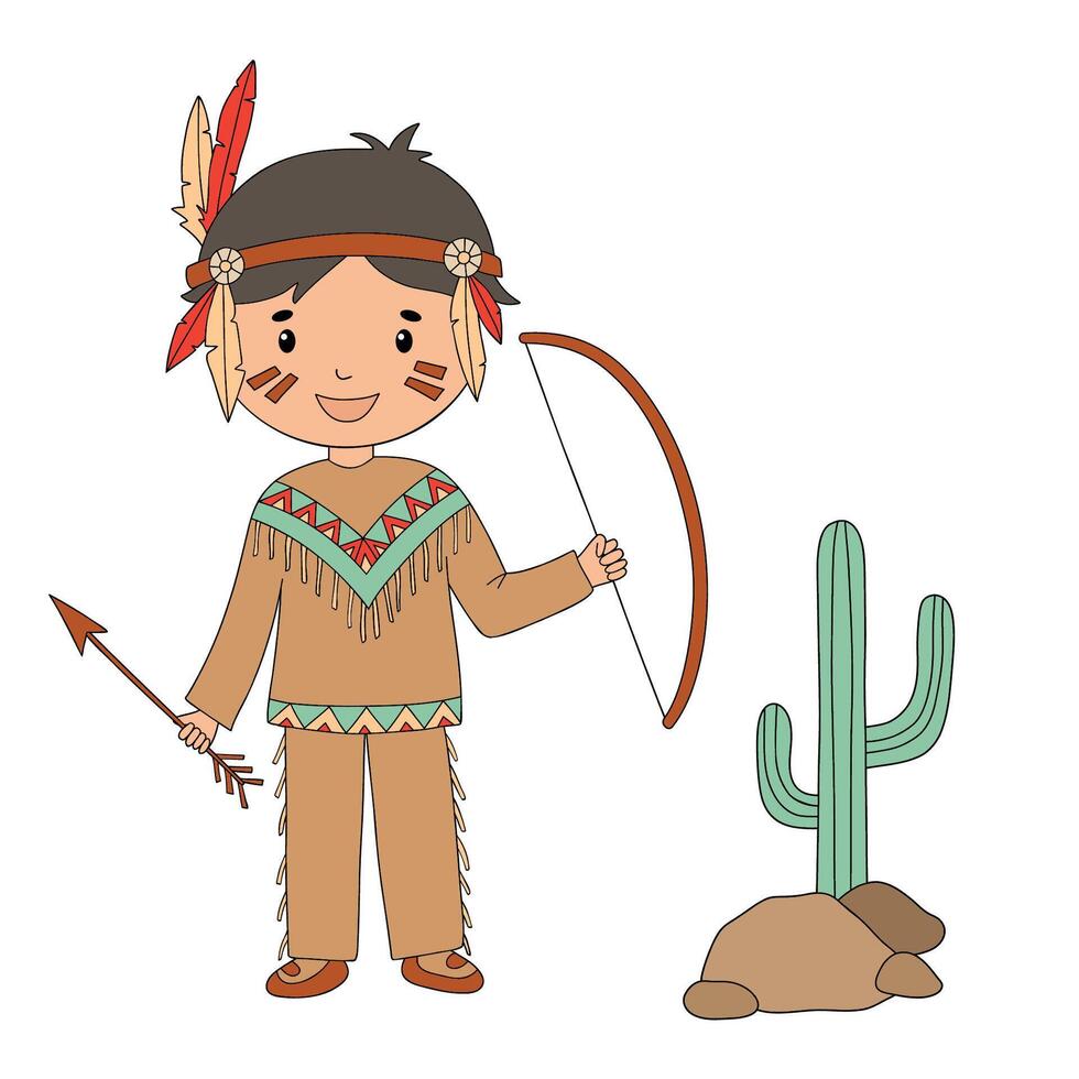 Cute character is Native American boy with bow and arrow. cartoon illustration. Cactus in the desert. vector