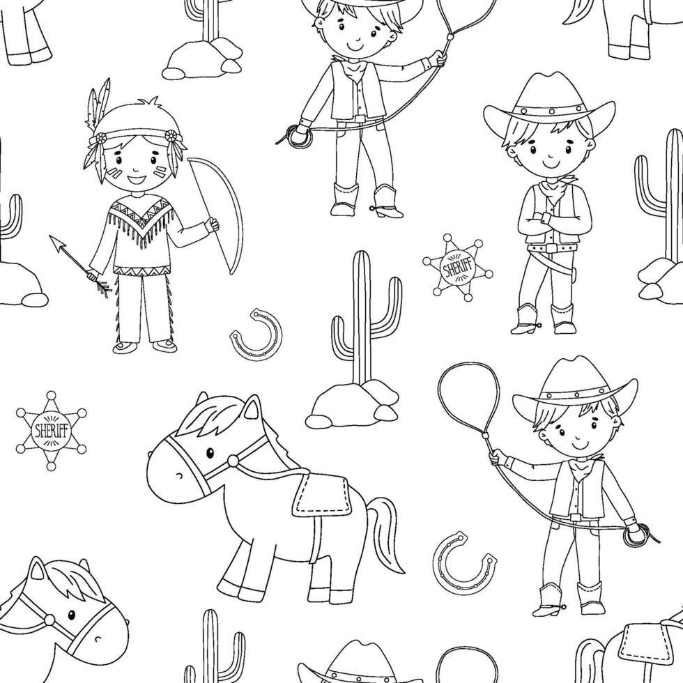 Hand drawn monochrome seamless pattern with line cowboy. Cute childish outline repeat pattern on white background for kids vector