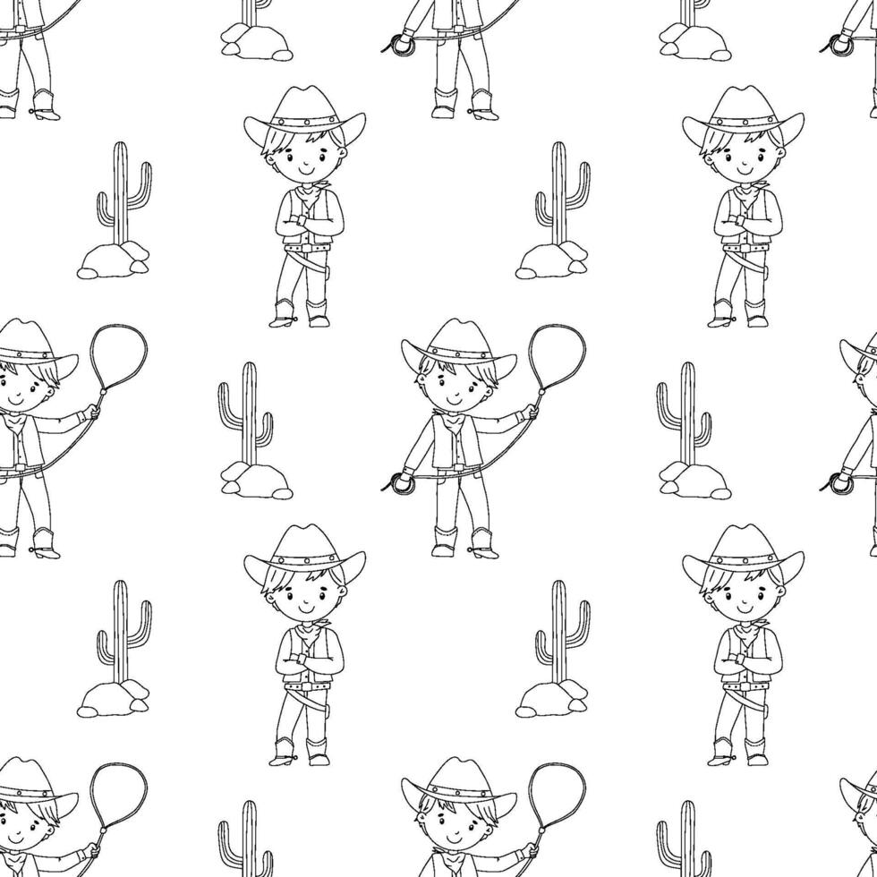Hand drawn onochrome seamless pattern with line cowboy and cactus. Cute childish outline repeat pattern on white background for kids vector