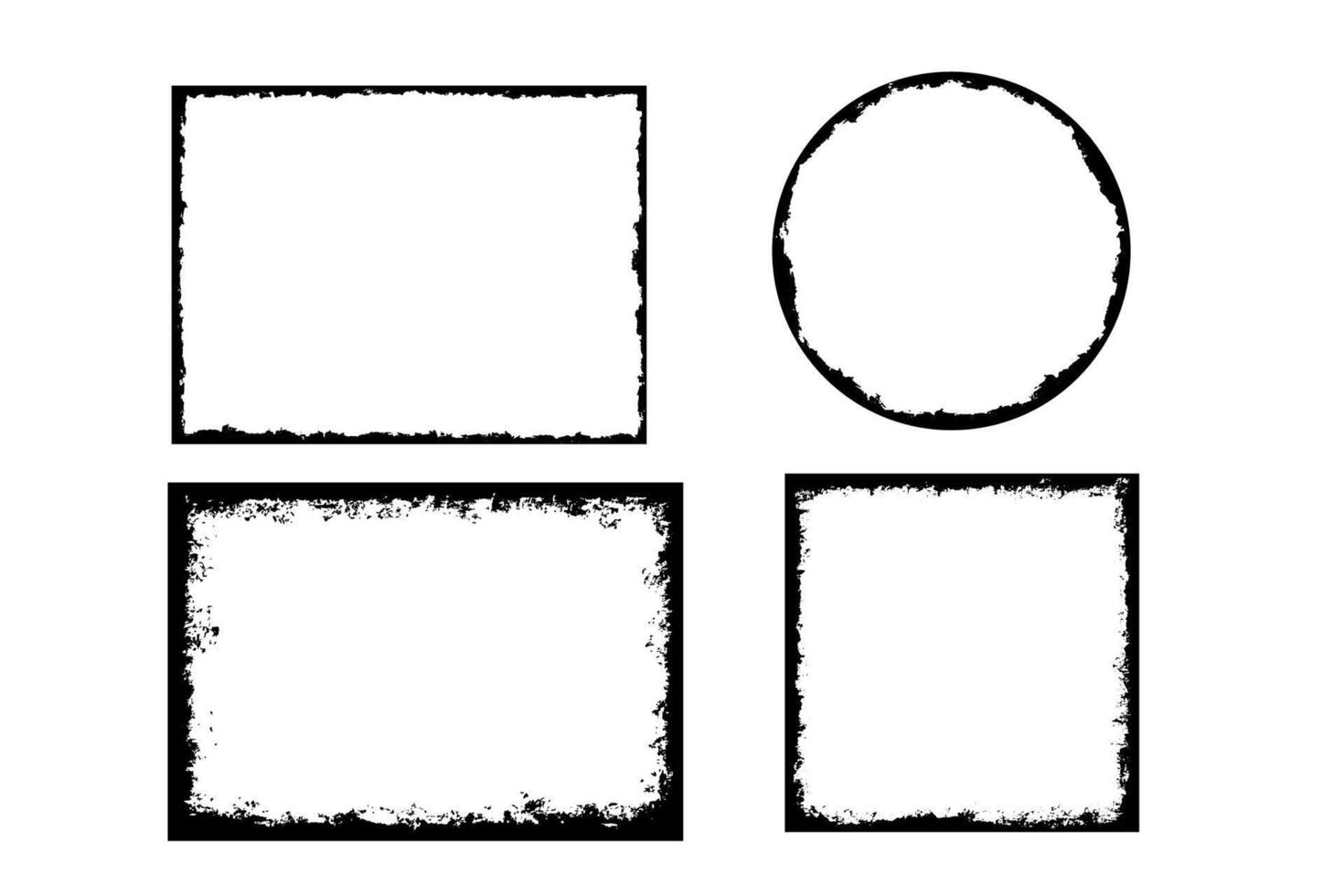 Grunge distressed round, square and rectangle frame. Ink empty black border. vector