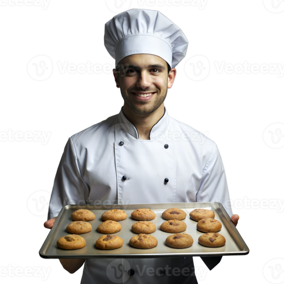 Smiling chef holding a tray of freshly baked cookies png