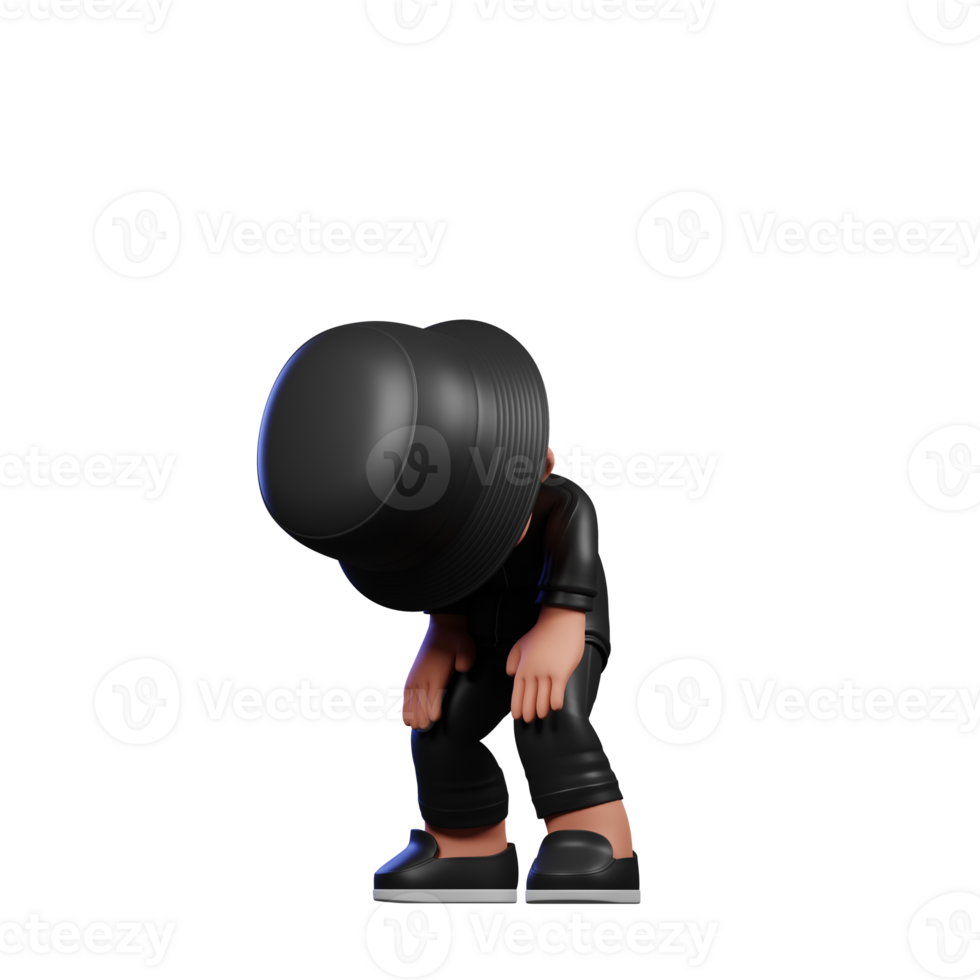 3d Cartoon Boy in a Black Suit and Hat Waving Taking Break Pose png
