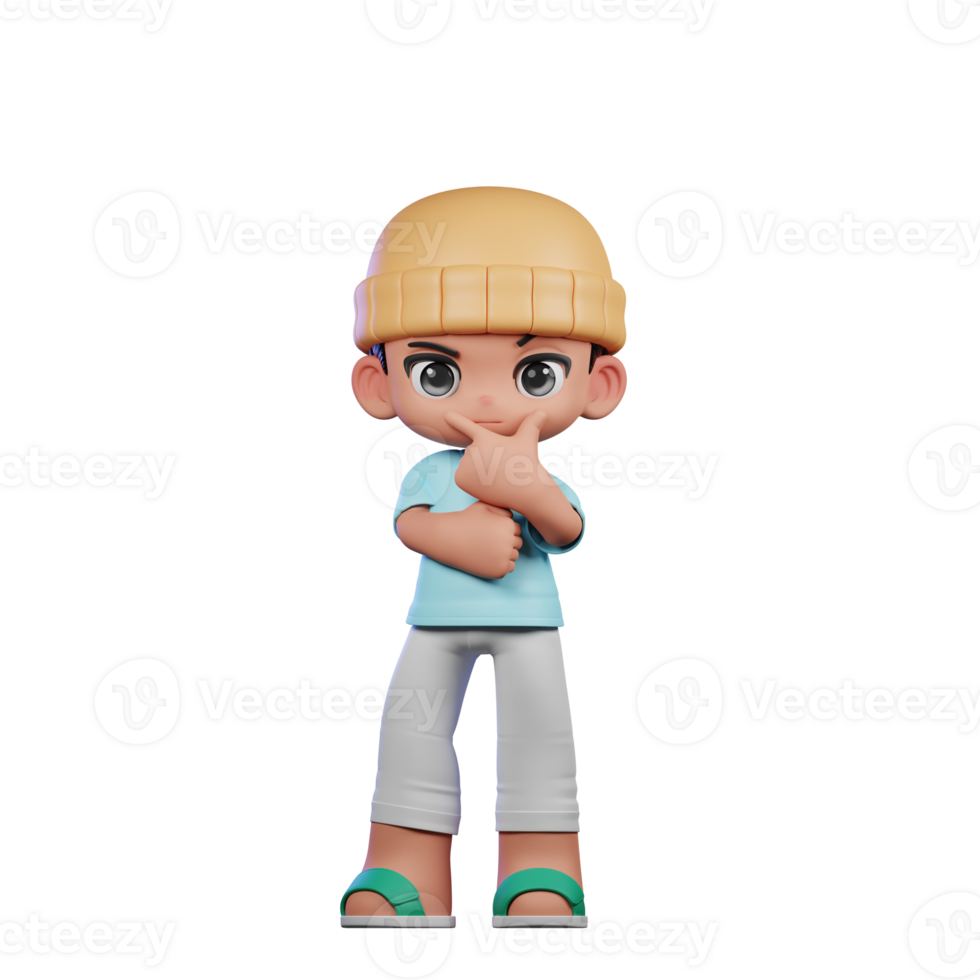 3d Cartoon Character with a Blue Shirt and White Pants Doing Curious Pose png