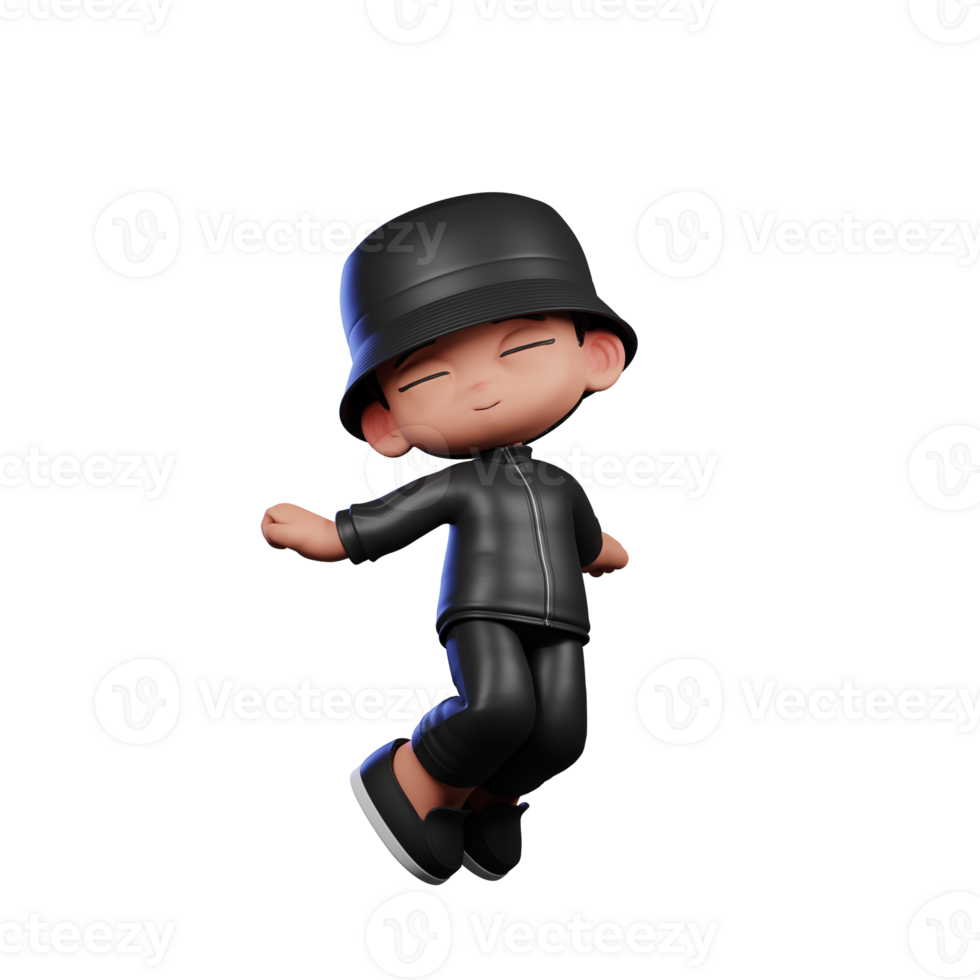 3d Cartoon Boy in a Black Suit and Hat Waving Jumping Air Pose png