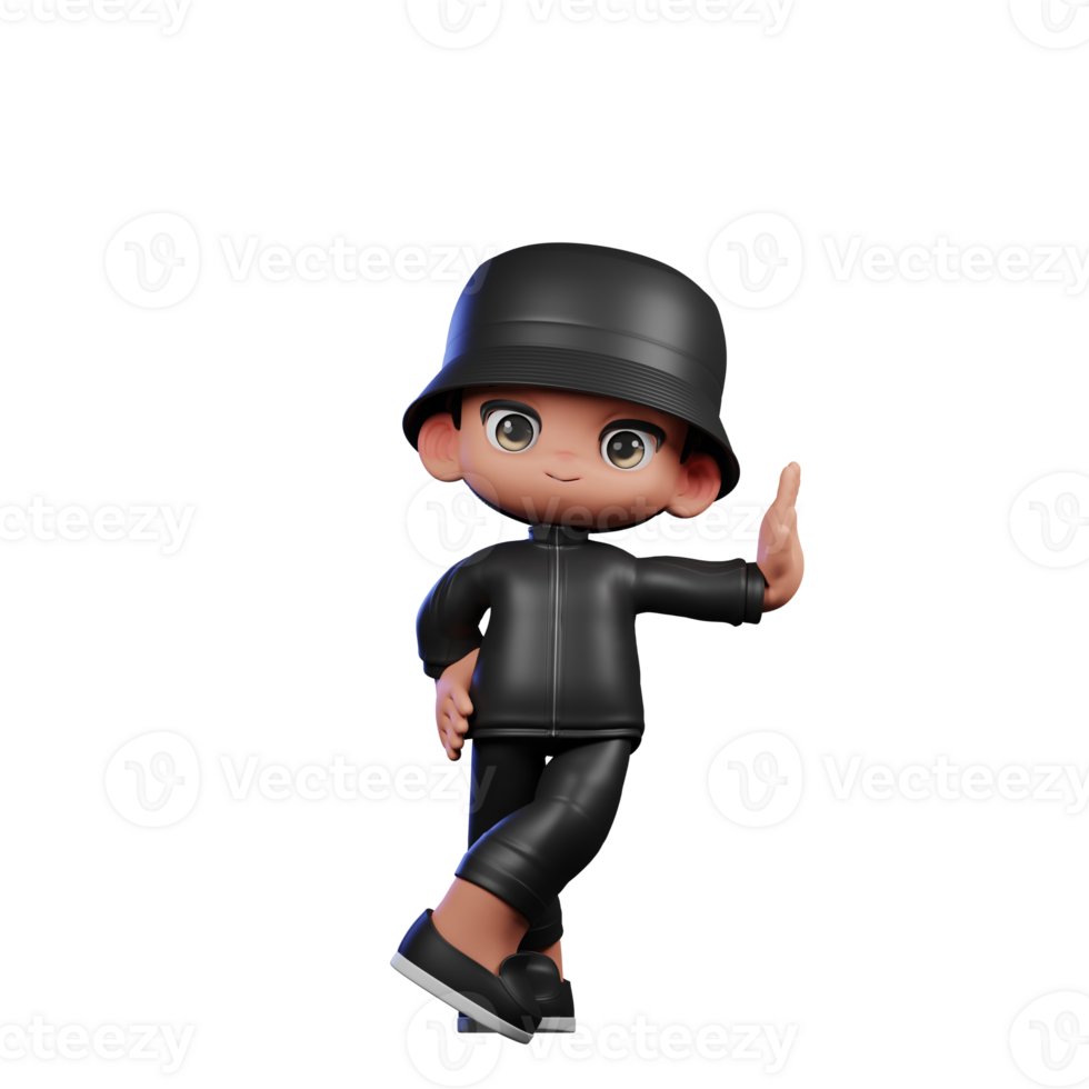 3d Cartoon Boy in a Black Suit and Hat Waving Acting Cool Pose png