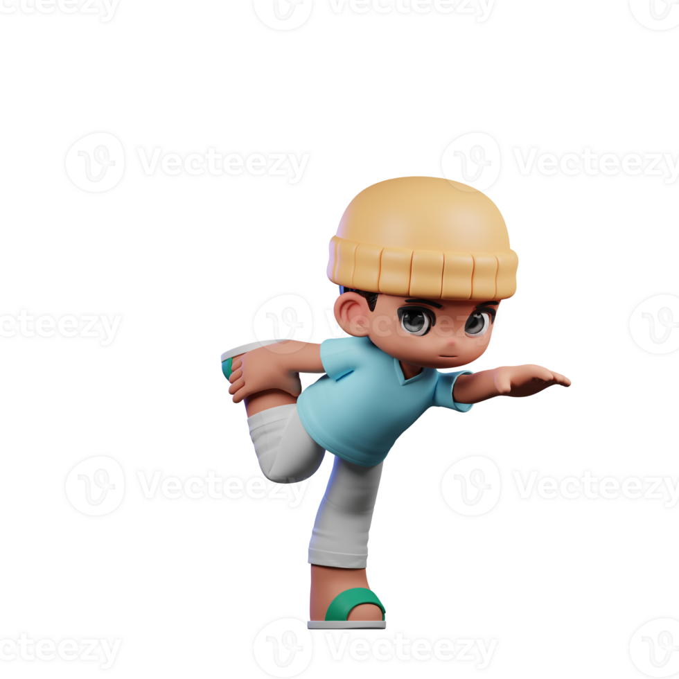 3d Cartoon Character with a Blue Shirt and White Pants Standing One Leg Pose png
