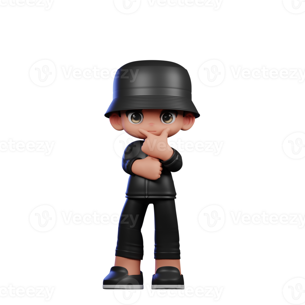 3d Cartoon Boy in a Black Suit and Hat Waving Doing Curious Pose png