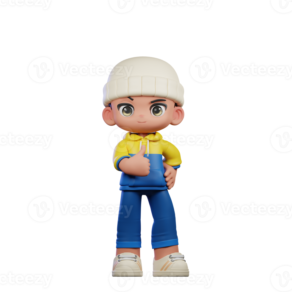 3d Small Boy with a Hat and Blue Pants Showing Thumbs Up Pose png