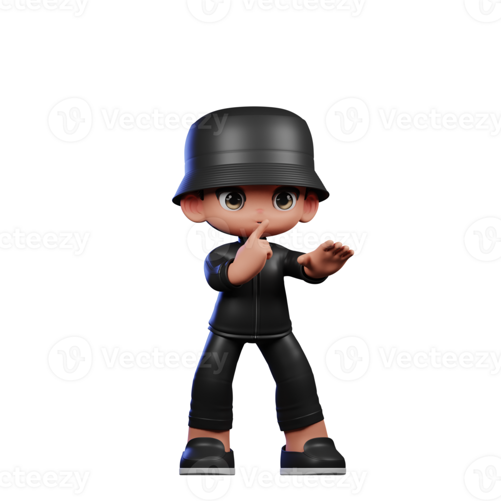 3d Cartoon Boy in a Black Suit and Hat Waving Shhttt Pose png