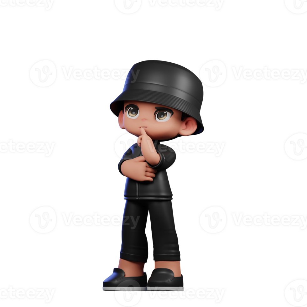 3d Cartoon Boy in a Black Suit and Hat Waving Thinking Deeply Pose png