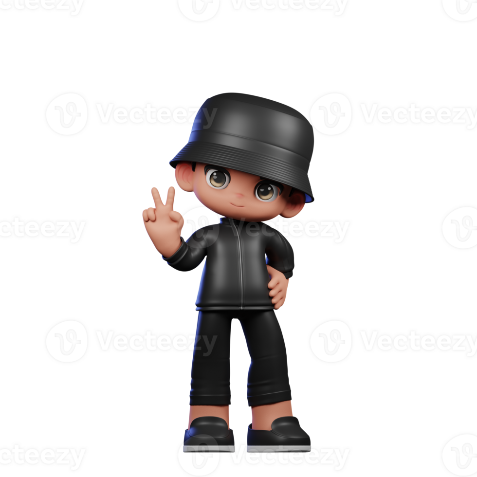 3d Cartoon Boy in a Black Suit and Hat Waving Showing Peace Sign Pose png