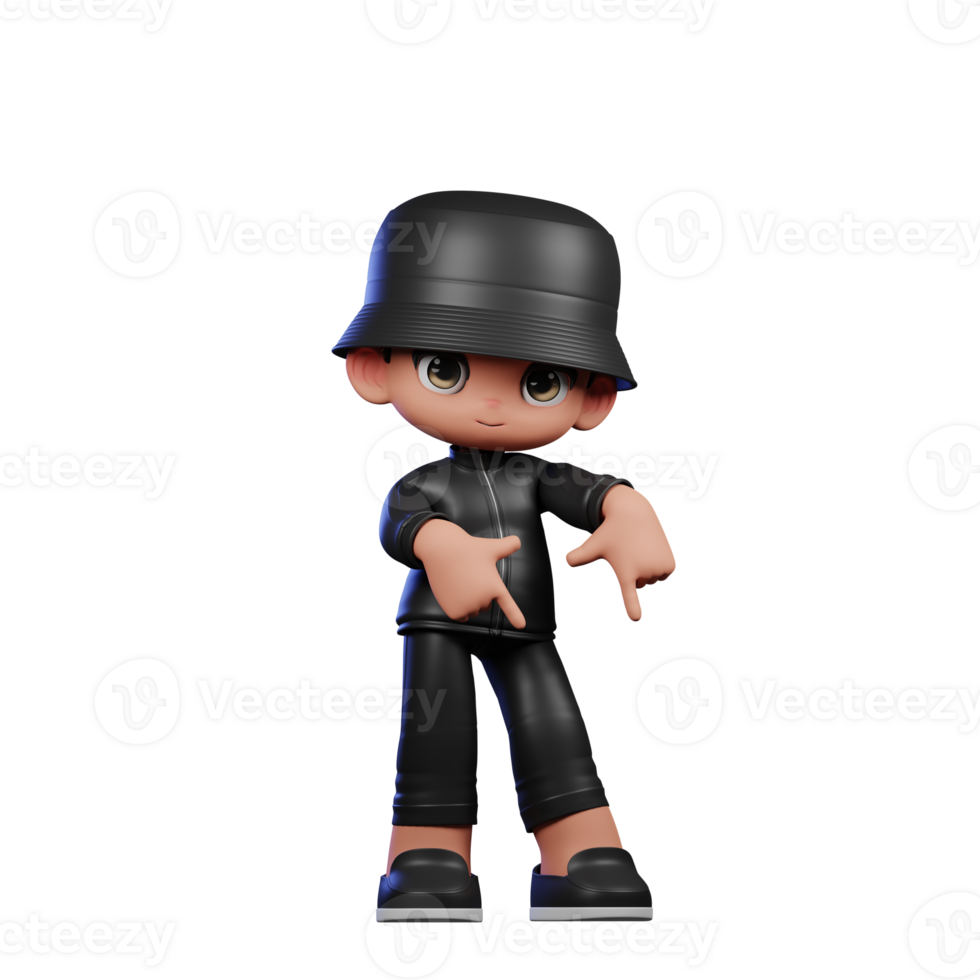 3d Cartoon Boy in a Black Suit and Hat Waving Pointing Down Pose png