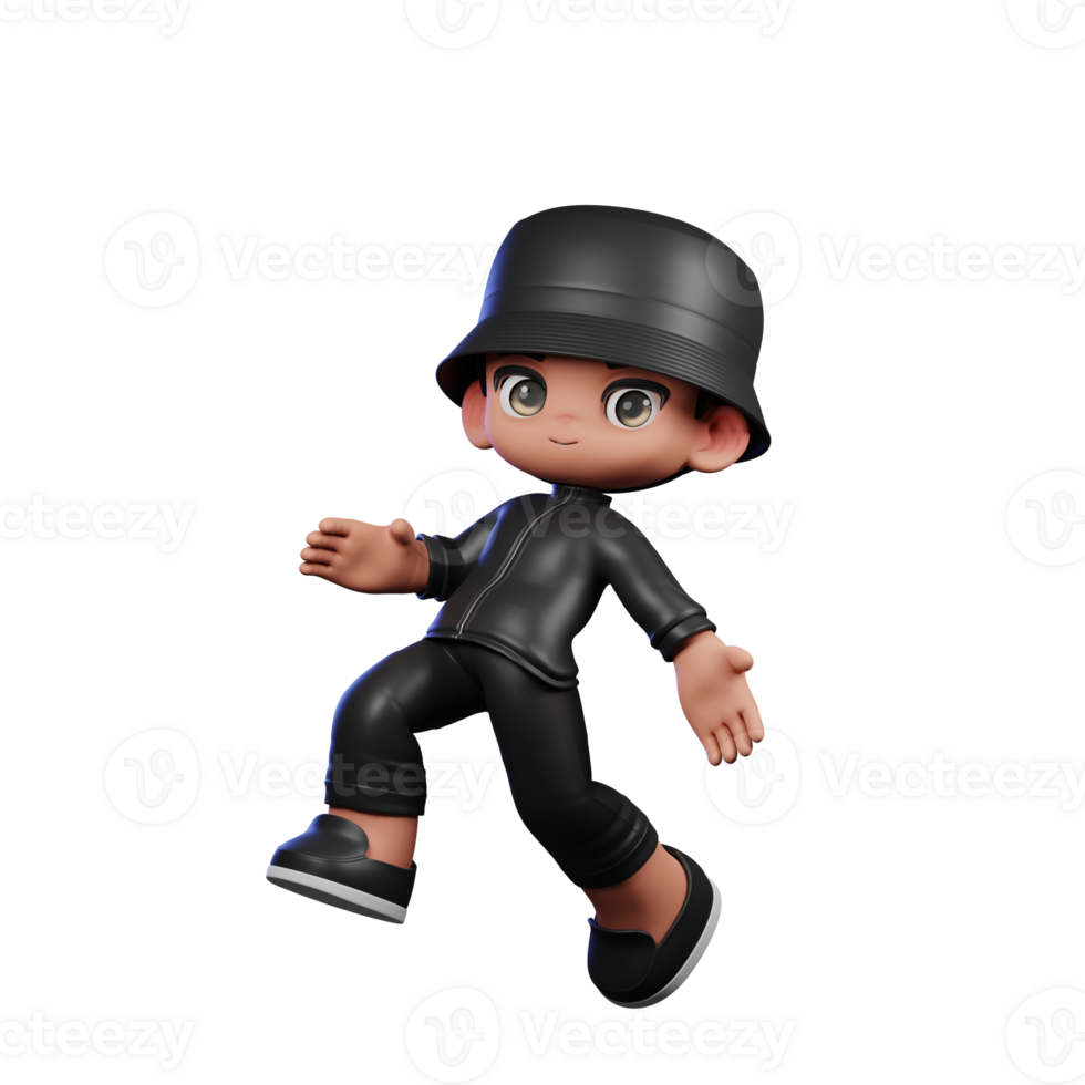 3d Cartoon Boy in a Black Suit and Hat Waving Happy Jumping Pose png