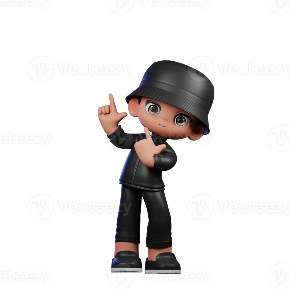 3d Cartoon Boy in a Black Suit and Hat Waving Pointing Up Pose png