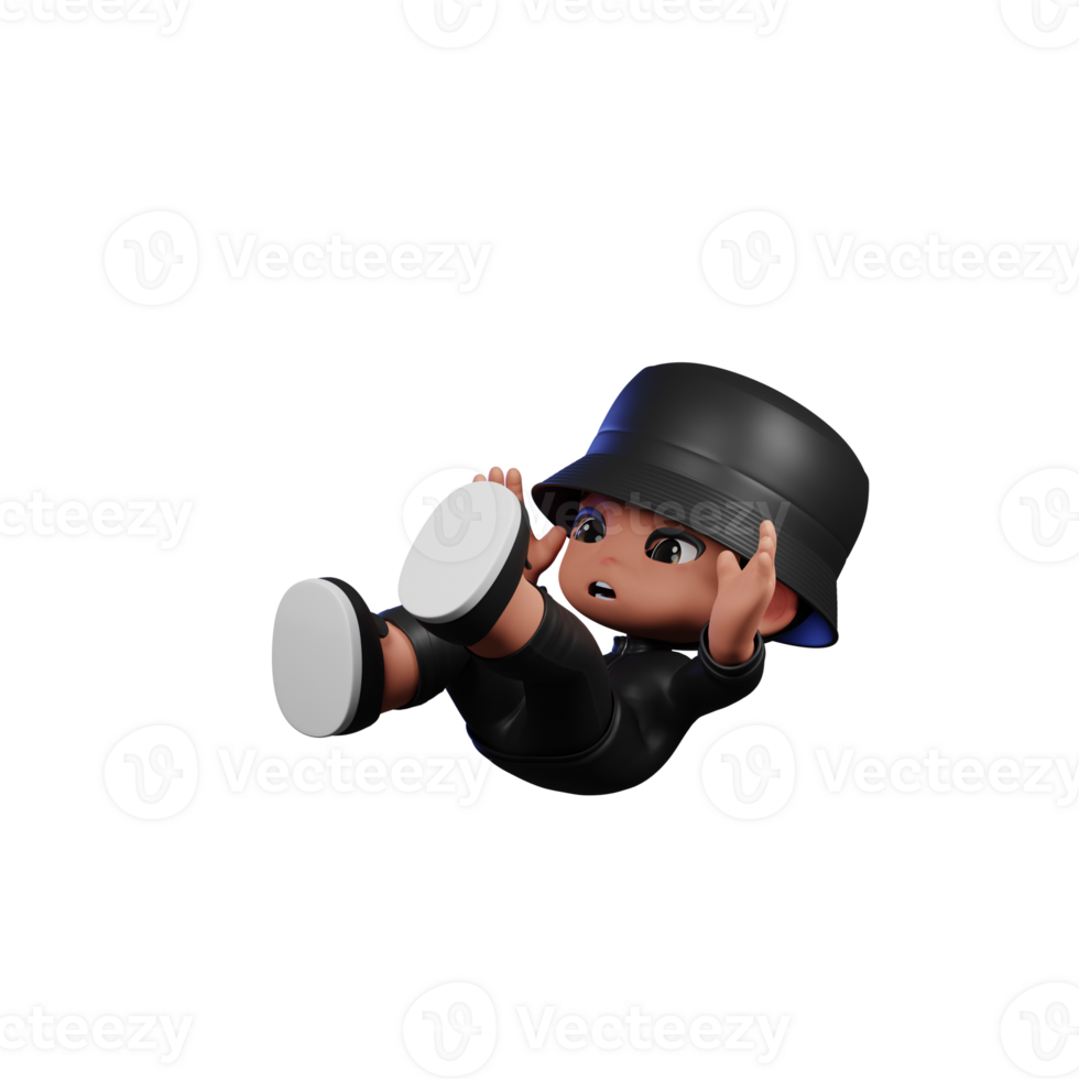 3d Cartoon Boy in a Black Suit and Hat Waving Falling Pose png