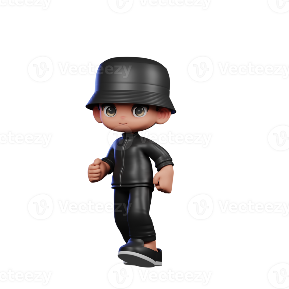 3d Cartoon Boy in a Black Suit and Hat Waving Walking Pose png