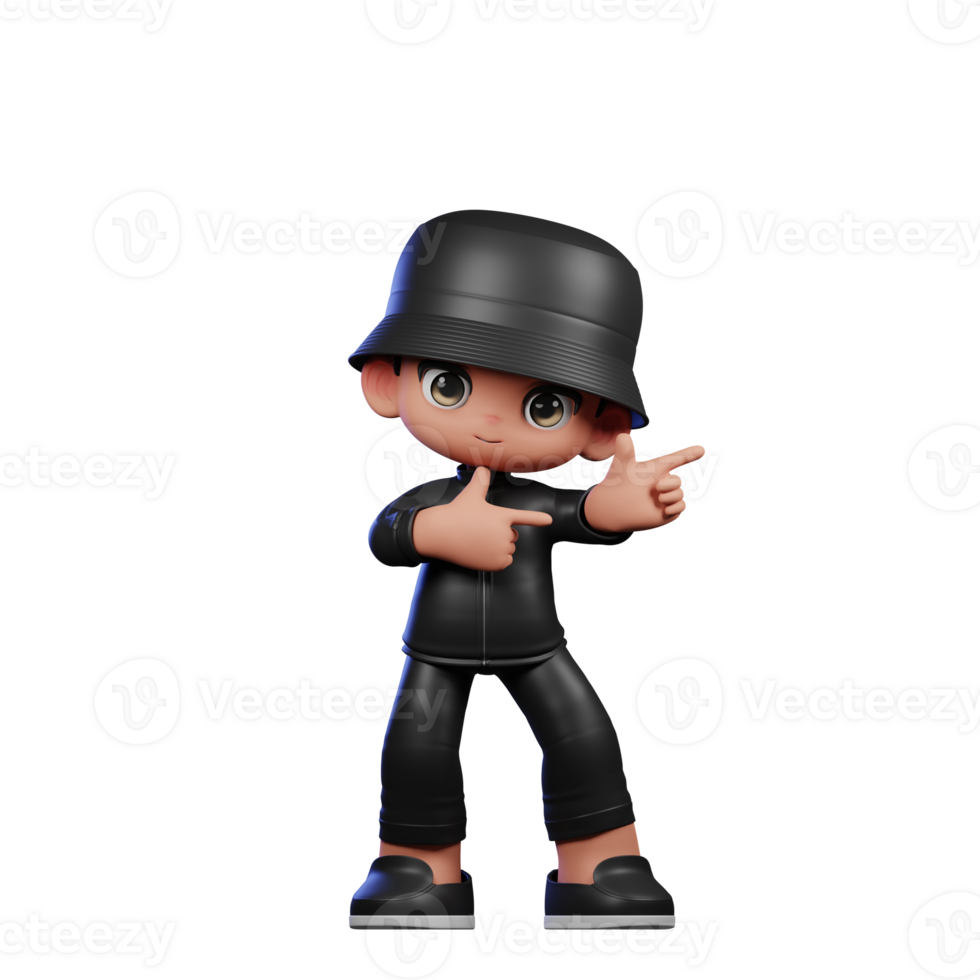 3d Cartoon Boy in a Black Suit and Hat Waving Pointing Left Pose png