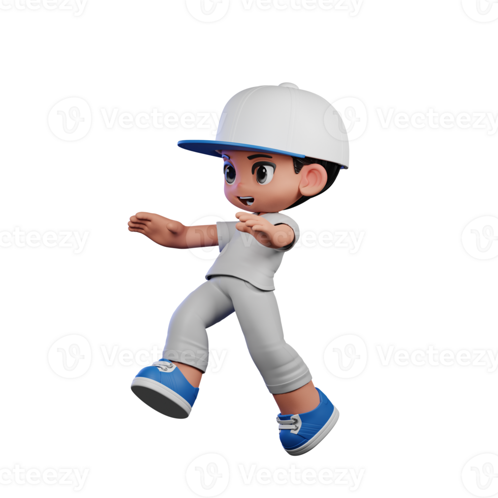 3d Cartoon Boy with a Baseball Cap and Gray Pants Doing Jump Pose png