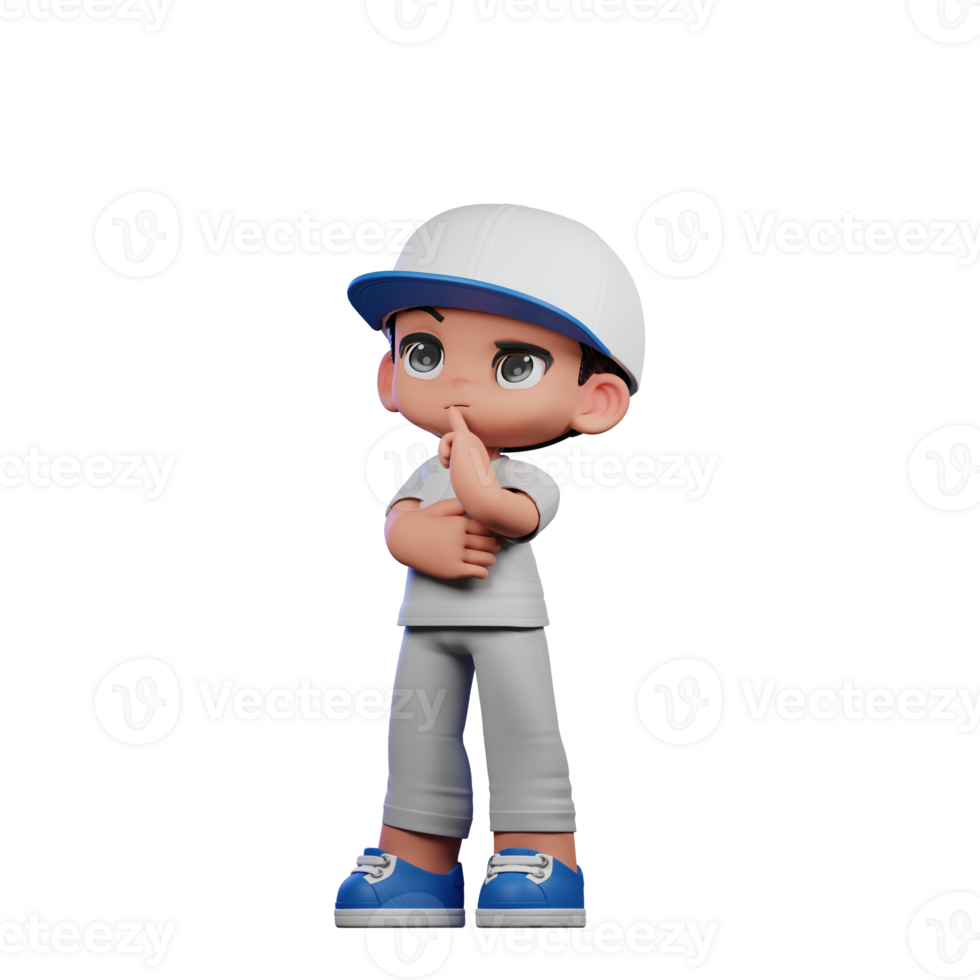 3d Cartoon Boy with a Baseball Cap and Gray Pants Thinking Deeply Pose png