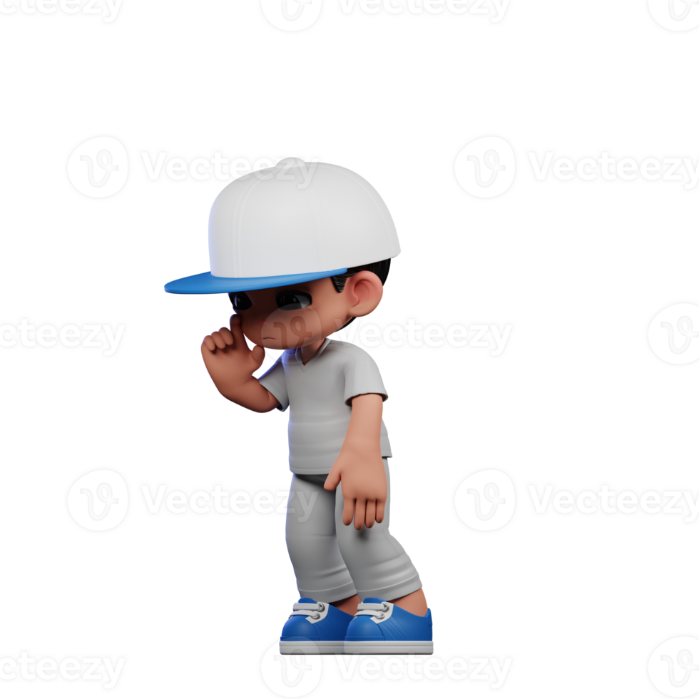 3d Cartoon Boy with a Baseball Cap and Gray Pants Standing Sad Pose png