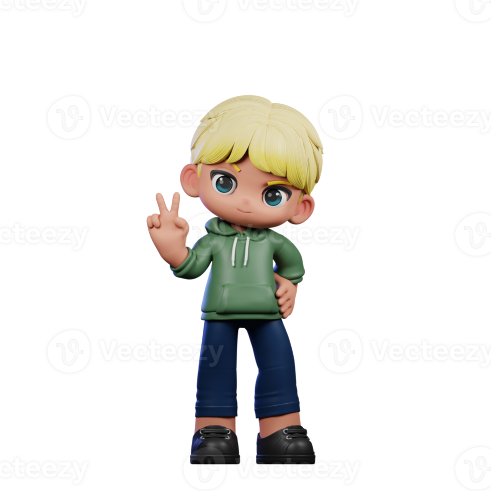 3d Cartoon Character with Blonde Hair Showing Peace Sign Pose png