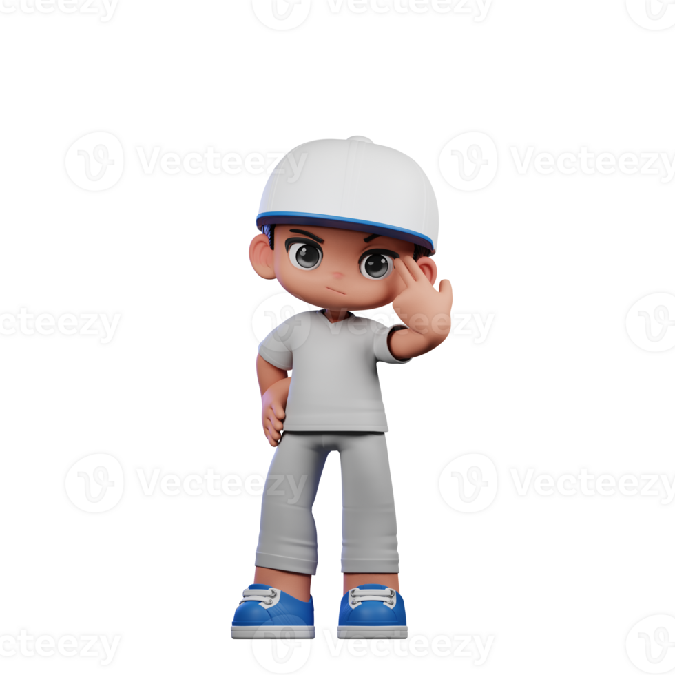 3d Cartoon Boy with a Baseball Cap and Gray Pants Pointing at Him Pose png