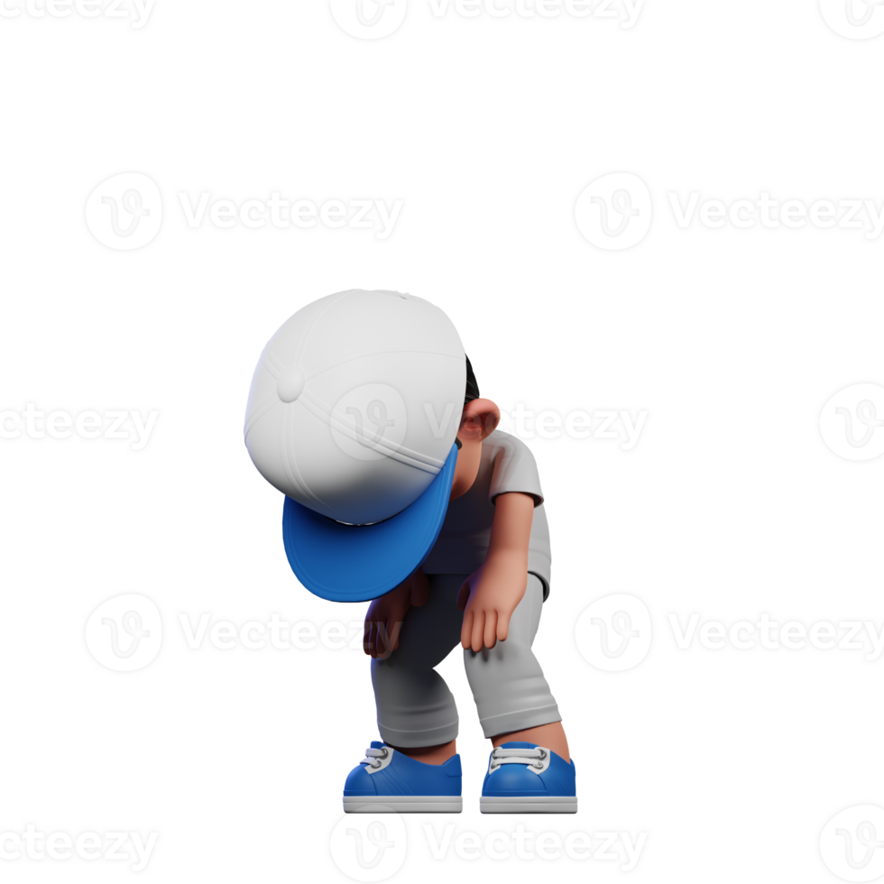 3d Cartoon Boy with a Baseball Cap and Gray Pants Taking Break Pose png