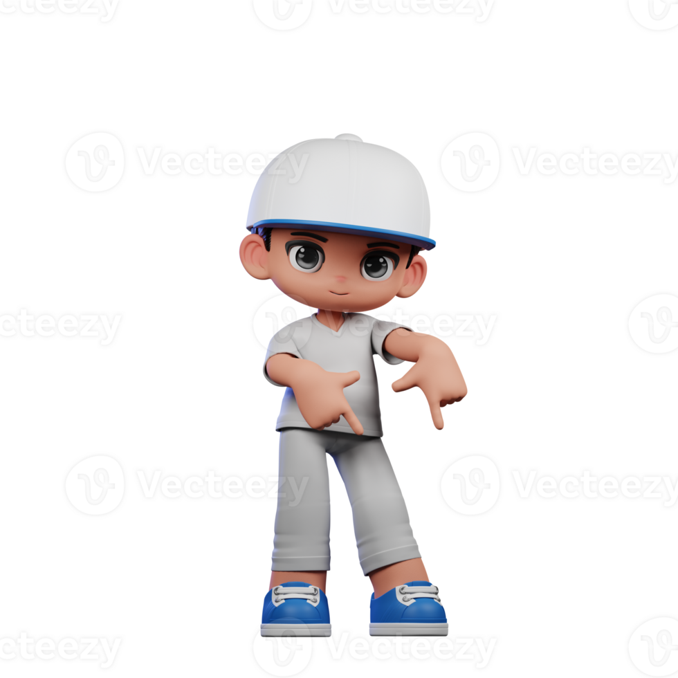 3d Cartoon Boy with a Baseball Cap and Gray Pants Pointing Down Pose png