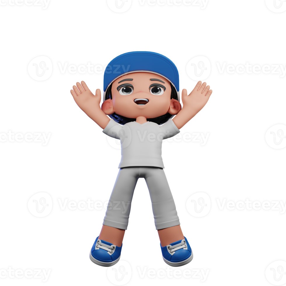 3d dibujos animados chico con un béisbol gorra y gris pantalones saltar actitud png