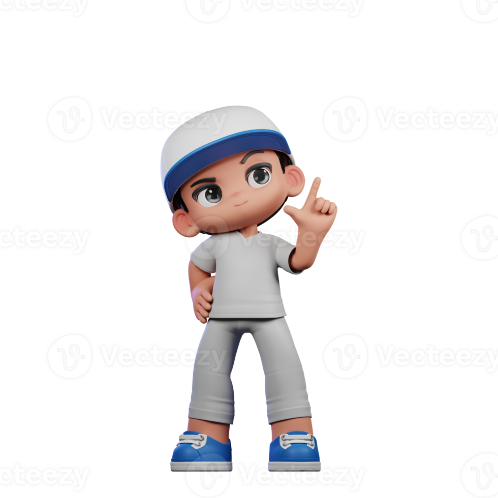 3d Cartoon Boy with a Baseball Cap and Gray Pants Having Idea Pose png