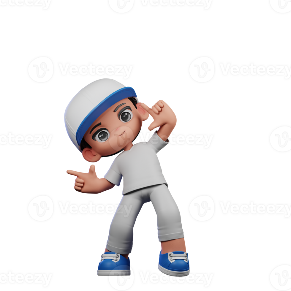3d Cartoon Boy with a Baseball Cap and Gray Pants Pointing Right Pose png