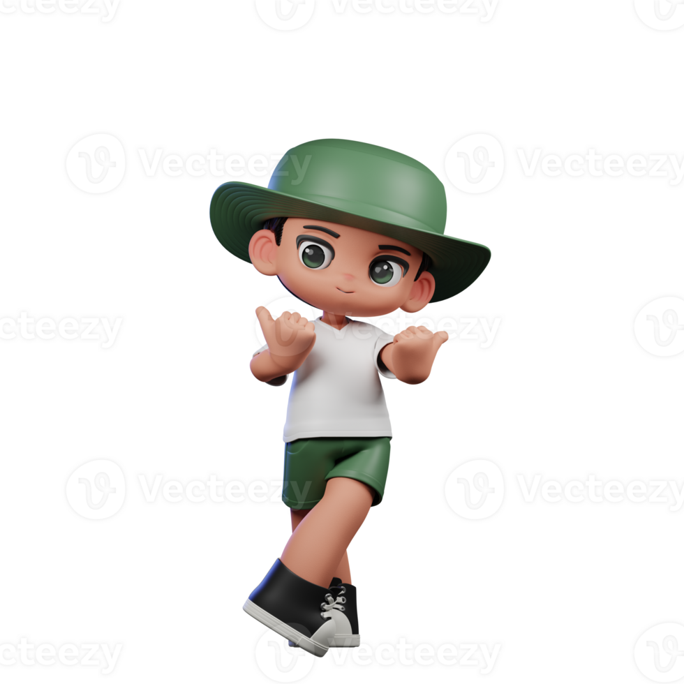 3d Cartoon Character in a Green Hat and White Shirt Pointing at Side Pose png
