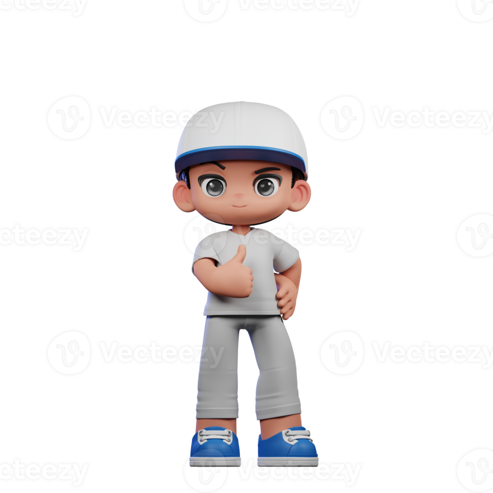 3d Cartoon Boy with a Baseball Cap and Gray Pants Showing Thumbs Up Pose png