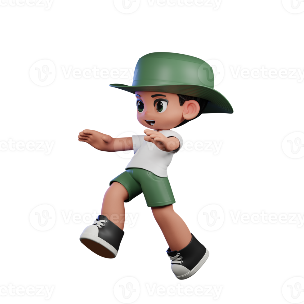 3d Cartoon Character in a Green Hat and White Shirt Doing Jump Pose png