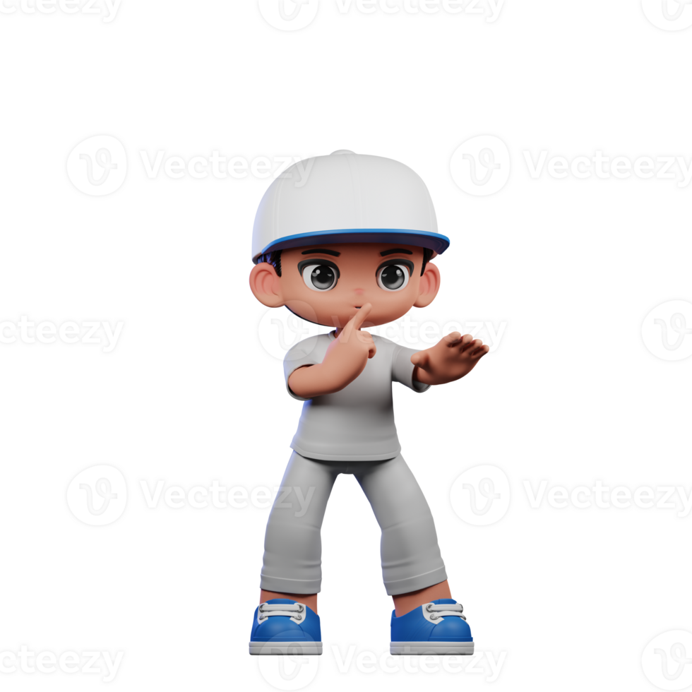 3d Cartoon Boy with a Baseball Cap and Gray Pants Shhttt Pose png