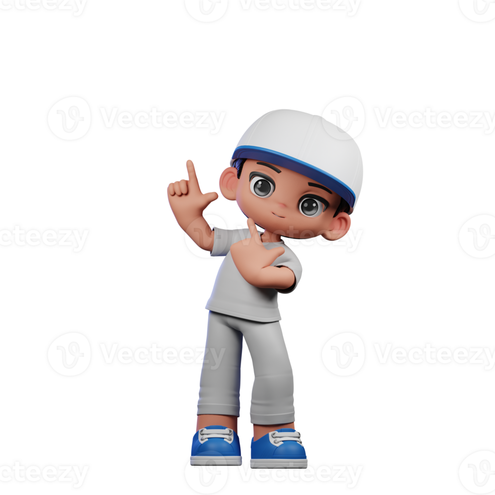 3d Cartoon Boy with a Baseball Cap and Gray Pants Pointing Up Pose png