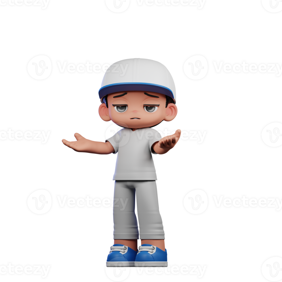 3d Cartoon Boy with a Baseball Cap and Gray Pants Confused Pose png