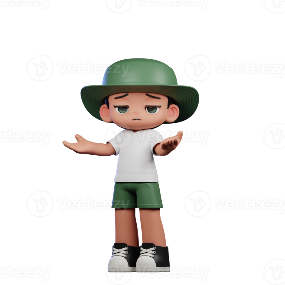 3d Cartoon Character in a Green Hat and White Shirt Confused Pose png