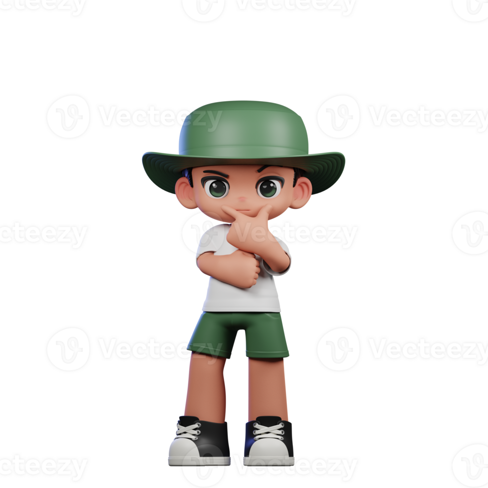 3d Cartoon Character in a Green Hat and White Shirt Doing Curious Pose png