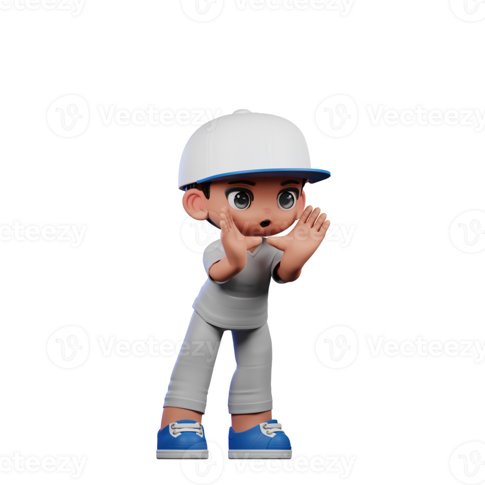 3d Cartoon Boy with a Baseball Cap and Gray Pants Shouting Pose png