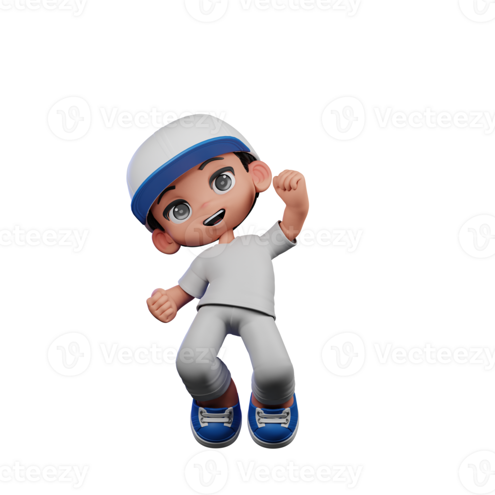 3d Cartoon Boy with a Baseball Cap and Gray Pants Jump Air Happy Pose png