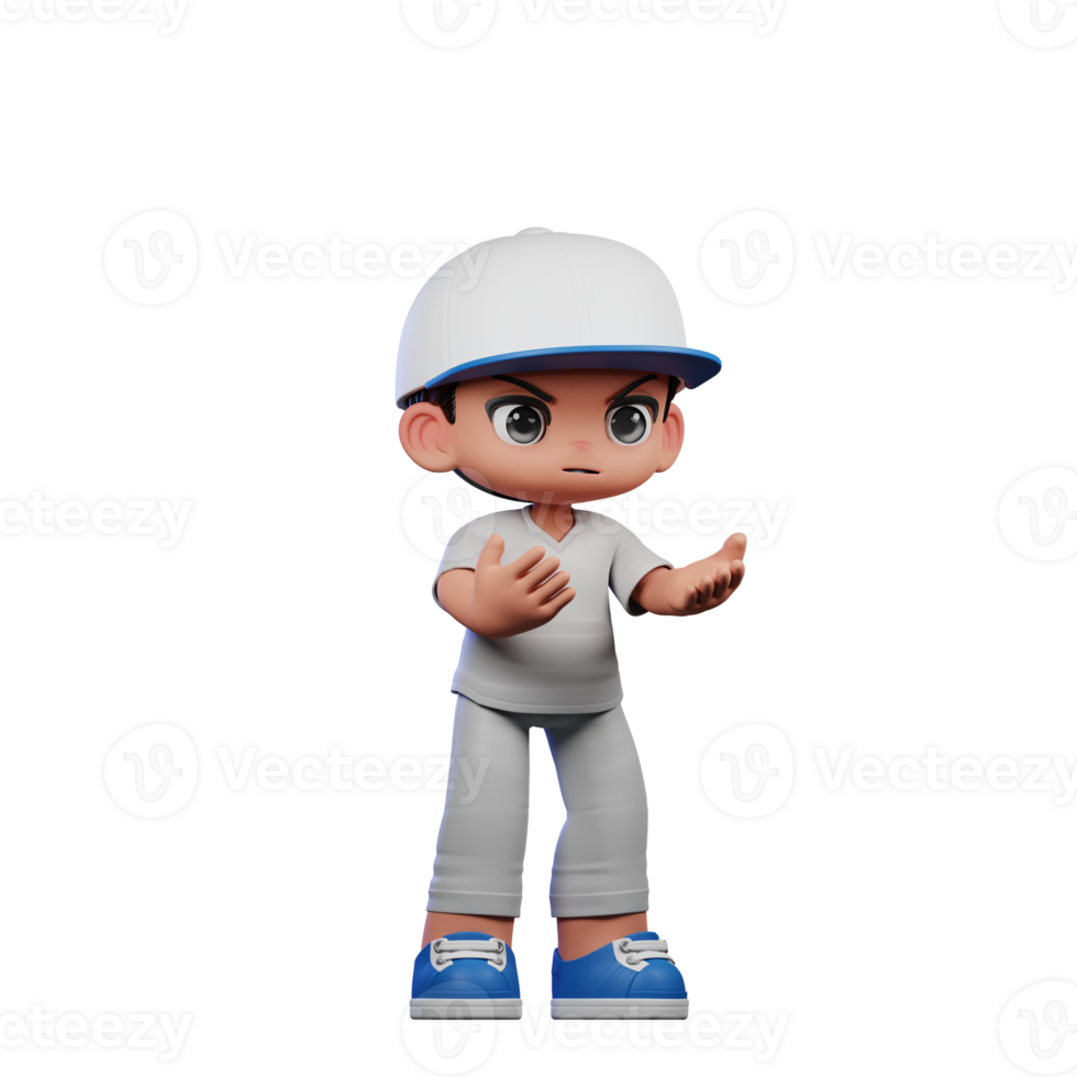3d Cartoon Boy with a Baseball Cap and Gray Pants Angry Pose png