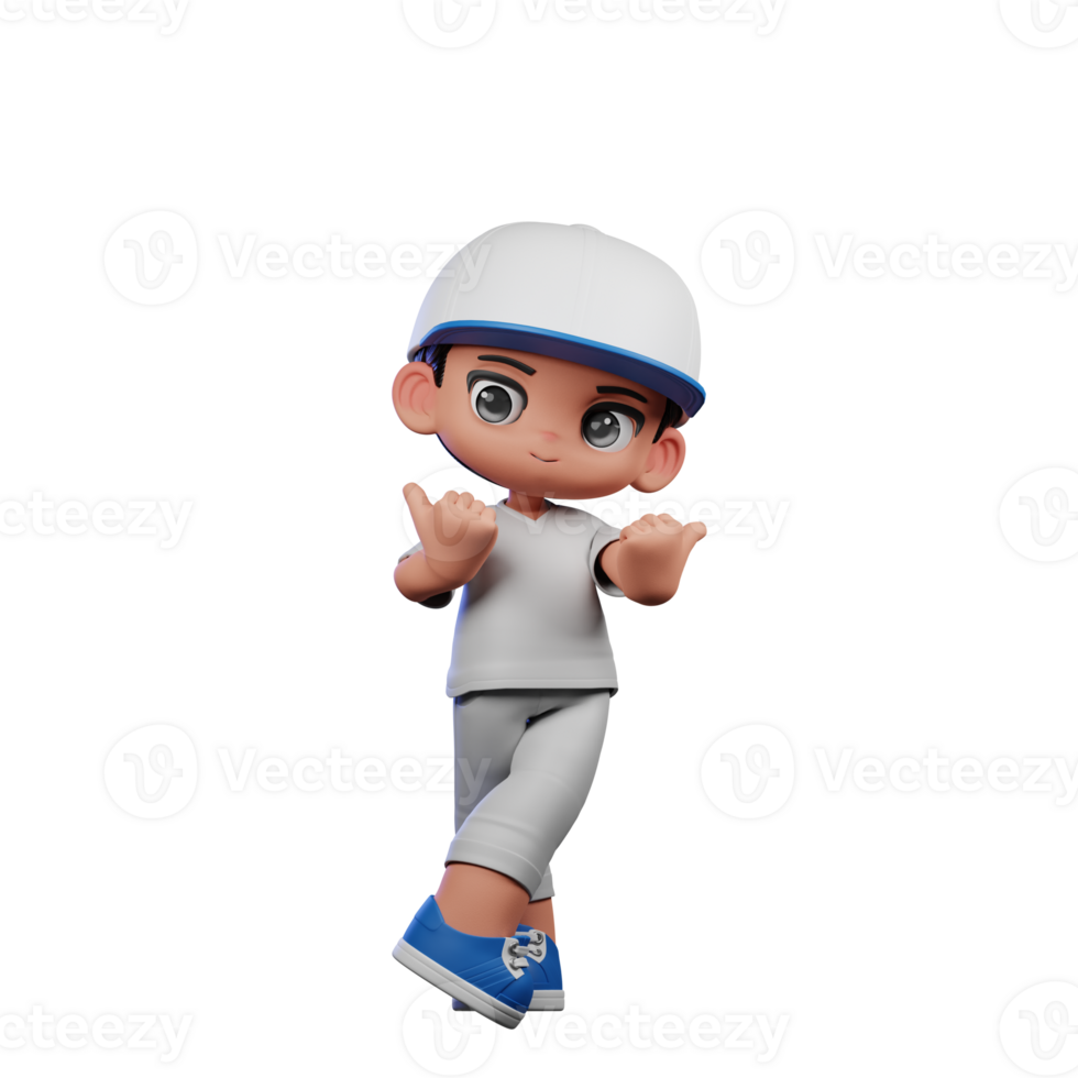 3d Cartoon Boy with a Baseball Cap and Gray Pants Pointing at Side Pose png