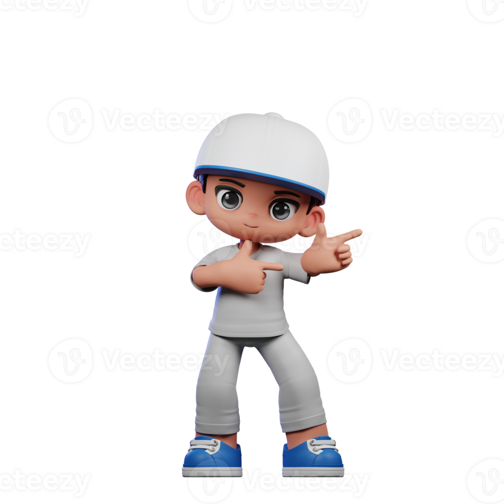 3d Cartoon Boy with a Baseball Cap and Gray Pants Pointing Left Pose png
