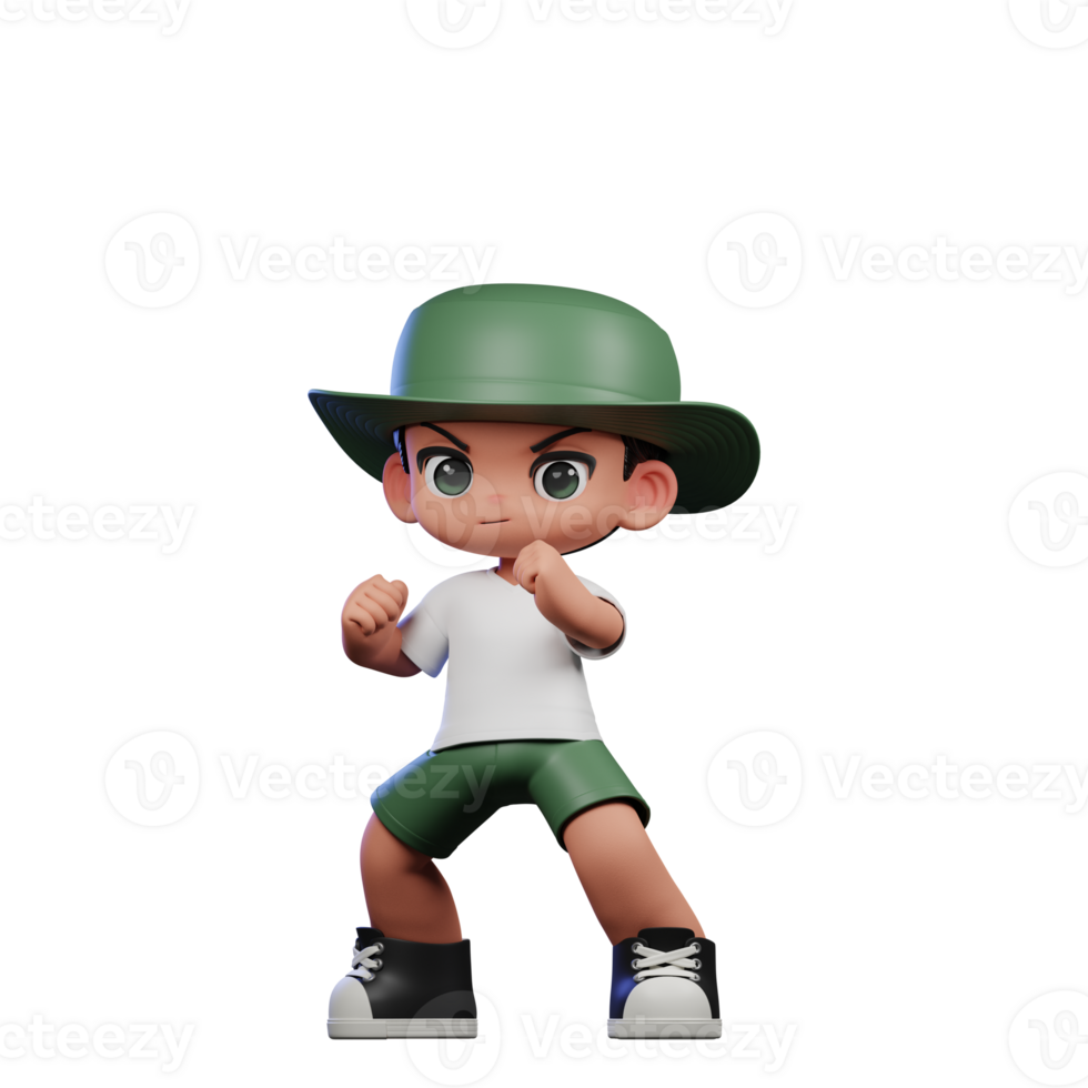 3d Cartoon Character in a Green Hat and White Shirt Ready Fight Pose png