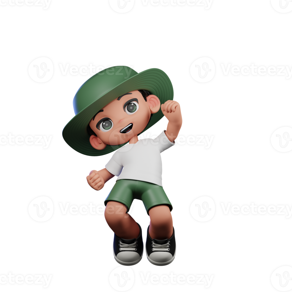 3d Cartoon Character in a Green Hat and White Shirt Jump Air Happy Pose png