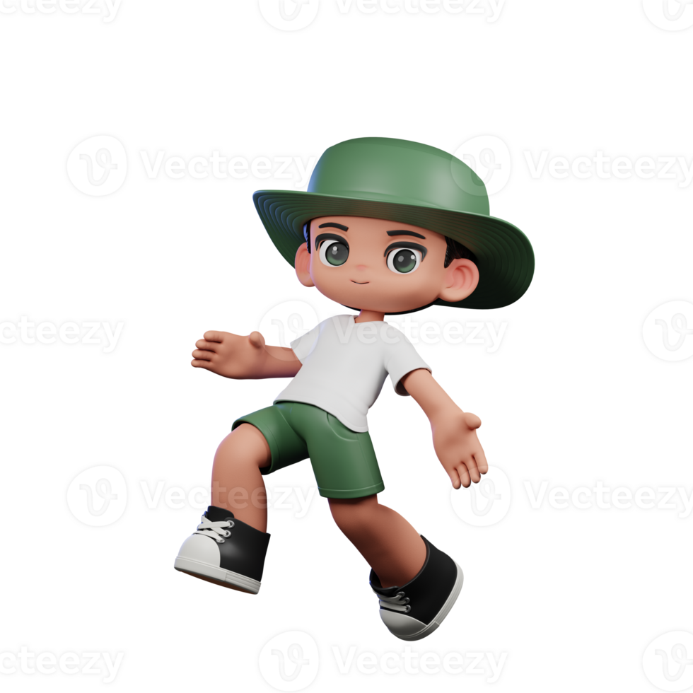 3d Cartoon Character in a Green Hat and White Shirt Happy Jumping Pose png